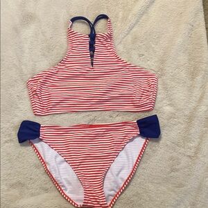 O’Rageous‎ Red and White Striped Bikini with Blue Accents